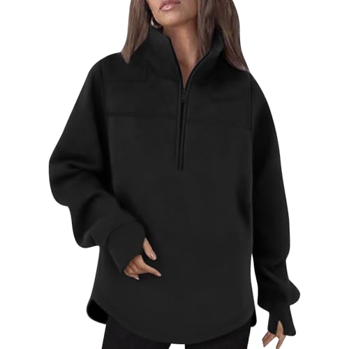 Dyhxuan Zip Pullover Damen Stehkragen Sweatshirt Casual Langarm Pulli Baumwolle Langarmshirt mit Daumenloch Einfarbig Sportshirt Modisches Sport Longshirt Lässiges Sweat Oberteile Longbluse S-2XL von Dyhxuan
