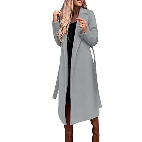 Female Trenchcoat Zweireihiger Mantel Damen Herbst Lang Trenchcoat Windjacke Winterjacke Windbreaker mit Gürtel Modische Einfarbige Wollmantel Langarm Umlegekragen Leichte Jacke Übergangsjacke von Dyhxuan