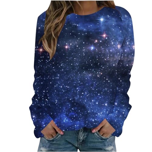 Galaxy Oberteil Damen Pullover Galaxie Drucken Langarmshirt Modische Locker Sweatshirt Leichte Basic Rundhals Bluse Langarm T-Shirt Tops Herbst und Winter Pulli Galaxy Costume Longpullover von Dyhxuan