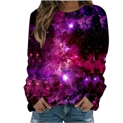 Galaxy Oberteil Damen Pullover Galaxie Drucken Langarmshirt Modische Locker Sweatshirt Leichte Basic Rundhals Bluse Langarm T-Shirt Tops Herbst und Winter Pulli Galaxy Costume Longpullover von Dyhxuan