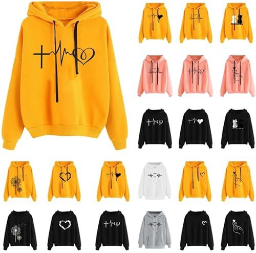 Hoody Damen mit Kapuze Hoodie Kawaii Kapuzenpullover Kawaii Sweatshirt Süß Sportlich Weißer Y2k Langarmshirt Schwarz Herbst Leicht Löwenzahn Herzdruck Oberteile Einfarbig Sportshirt Pulli von Dyhxuan