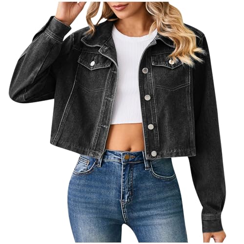 Jeansjacke Damen Kurz Einfarbige Jeansmantel Modische Langarm Übergangsjacke Umlegekragen Jeanshemd Jacke Herbst Winter Übergangsmantel Outdoorjacke Freizeitjacke Oberbekleidung Damenjacken von Dyhxuan