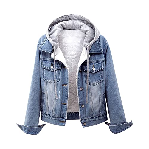 Jeansjacke Damen Kurz Einfarbige Winterjacke Mode Langarm Übergangsjacke Schlanke Passform Kapuzenjacke Jeansmantel mit Knöpfe Damenjacken Wintermantel Plüschjacke Outdoorjacke Oberbekleidung von Dyhxuan