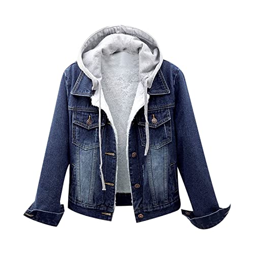 Jeansjacke Damen Kurz Einfarbige Winterjacke Mode Langarm Übergangsjacke Schlanke Passform Kapuzenjacke Jeansmantel mit Knöpfe Damenjacken Wintermantel Plüschjacke Outdoorjacke Oberbekleidung von Dyhxuan