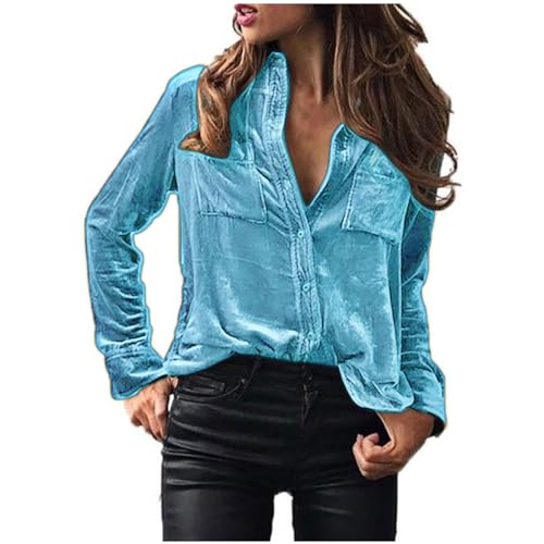 Langarmshirt Damen Eng Velvet Oberteile Lässig Einfarbige Tunika Bluse Langarm Umlegekragen Shirt Tops Longbluse mit Knöpfe V-Ausschnitt Tunic Longshirt Herbst Winter Pullover Streetwear T-Shirt von Dyhxuan