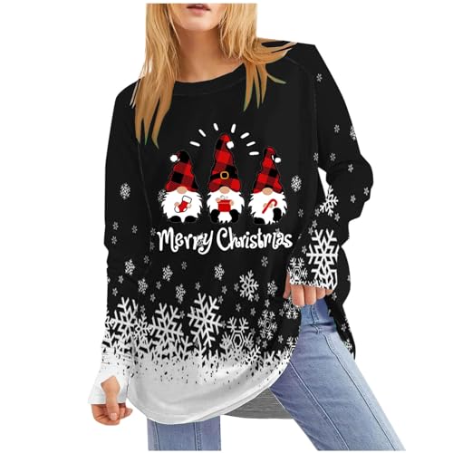Merry Christmas Longshirt Damen Weihnachtself Druck Oberteile Oversize Langarmshirt mit Daumenloch Rundhals Weihnachtsshirt Weihnachten Pullover Longbluse Langarm T Shirt Weihnachtspullover von Dyhxuan
