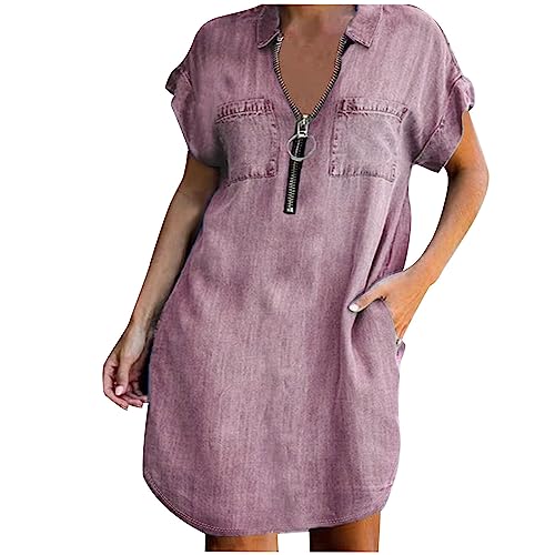 Nachahmung Denim Kleid Damen Einfarbige Faux Jeanskleid Umlegekragen Blusenkleid Taschen Hemdkleid mit Knöpfe Lässig Kleider Kurzarm Sommerkleid Midikleid Partykleid Freizeitkleid Urlaubskleid von Dyhxuan