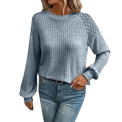 Pullover Damen Elegant Spitze Pulli Einfarbige Rundhals Langarmshirt Sweater Langarm Patchwork Sweatshirt Herbst Winter Tunika T-Shirt Teenager Mädchen Longpullover Slim Fit Bluse Oberteile von Dyhxuan