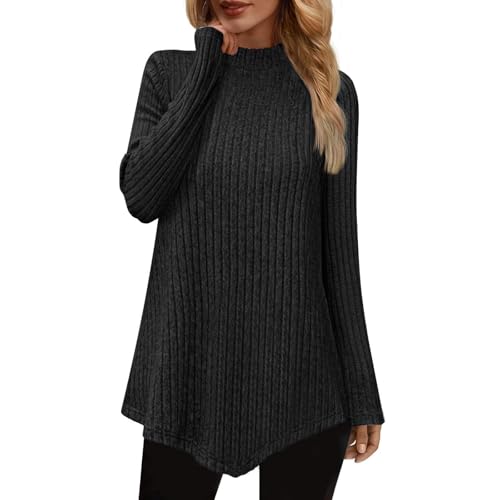 Rollkragenshirt Damen Gerippt Basic Shirt Elegant Rollkragen Pullover Unregelmäßigem Saum Longshirt Einfarbig Langarm Oberteile Casual Rippshirt Langarmshirt von Dyhxuan