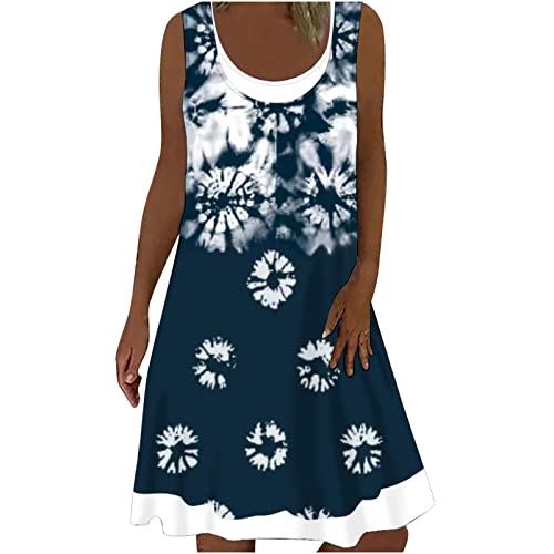 Sommerkleid Damen Gefälschtes Zweiteiliges Patchwork Freizeitkleid Ärmelloses U-Ausschnitt Tankkleid A-Linien Kleid aus Jeansimitat Knielanges Midikleid Plus Size Panzerkleid Urlaub Strandkleid von Dyhxuan