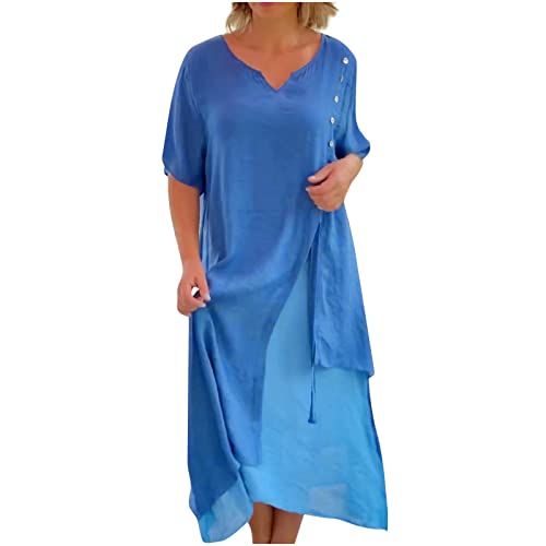 Sommerkleid Damen Lang Einfarbige Blusenkleid Kurzarm V-Ausschnitt Maxikleid Unregelmäßig Strandkleid Partykleid Plus Size Freizeitkleid Knöchellang Maxi A-Linien Kleid Lässig Skaterkleid von Dyhxuan