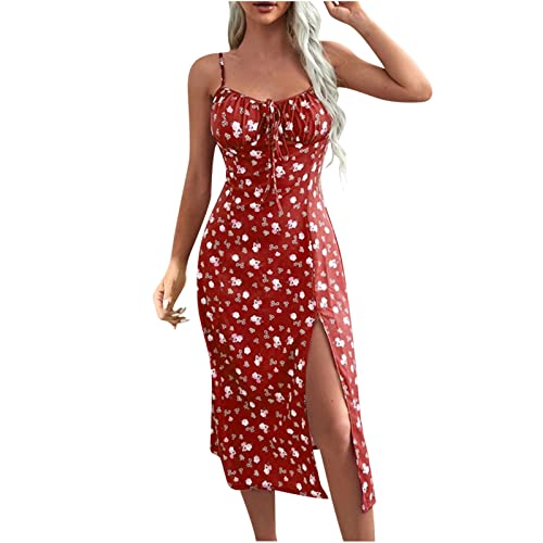 Sommerkleid Damen Sexy Ärmellos Spaghetti Trägerkleid Boho Blumen Druck Strandkleid Midikleid mit Schlitz Rückenfrei Urlaubskleid Partykleid Freizeitkleid mit Schnürung A-Linien Kleid von Dyhxuan