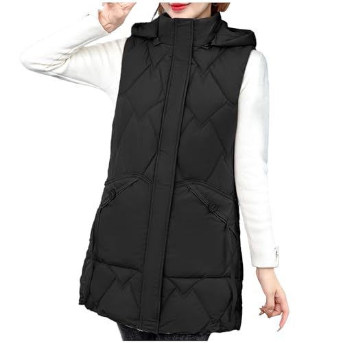 Steppweste Damen Lang Winterjacke Damen Mode Einfarbige Weste Damen Daunenweste ärmellos Kapuze Longweste Kapuzenweste Herbst Winter Damenwesten Winterweste Übergangsweste Daunenjacke Pufferjacke von Dyhxuan