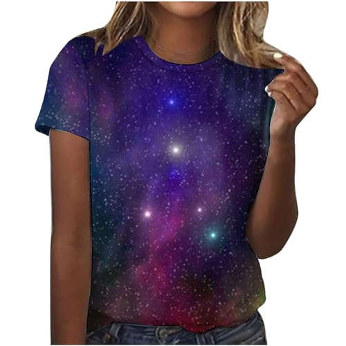 Tshirt Damen Galaxie Drucken Bluse Kurzarm Rundhalsausschnitt T-Shirt Locker Frauen Oberteile Sommer Alltag Crop Top Sport T-Shirts Teenager Mädchen Kleidung Y2k Sommerkleidung Damen Discounter von Dyhxuan