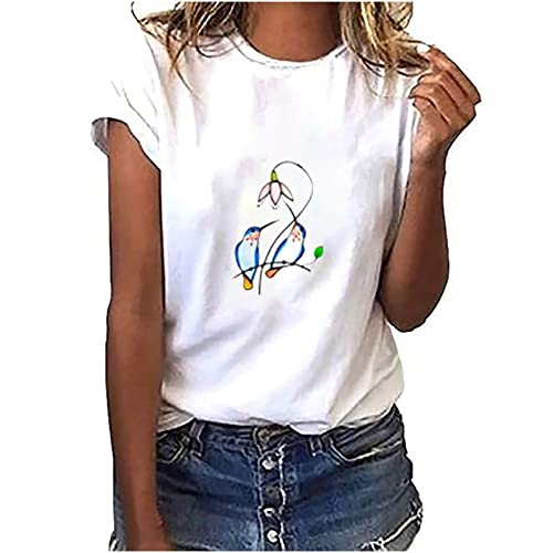 Tshirt Damen Sommer Tops Einfaches Blumendruck T-Shirt Sommerlich Kurzarm Oberteile mit O-Ausschnitt Herbst Winter Basic Shirt Pullover Lockere Bequeme Tunika Bluse Shirt Sportshirt Laufshirt von Dyhxuan