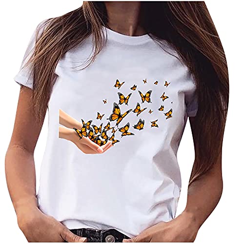 Tshirt Damen Sommer Tops Einfaches Blumendruck T-Shirt Sommerlich Kurzarm Oberteile mit O-Ausschnitt Herbst Winter Basic Shirt Pullover Lockere Bequeme Tunika Bluse Shirt Sportshirt Laufshirt von Dyhxuan