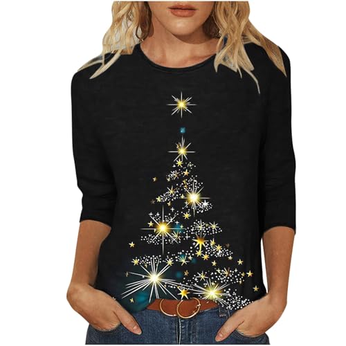 Weihnachtsbluse Damen 3D Glänzend Weihnachtsbaum Druck Oberteile Weihnachten 3/4 Arm Tshirts Locker Rundhals Weihnachtsshirt Große Größen Xmas T Shirt Basic Xmas Langarmshirt Bluse von Dyhxuan