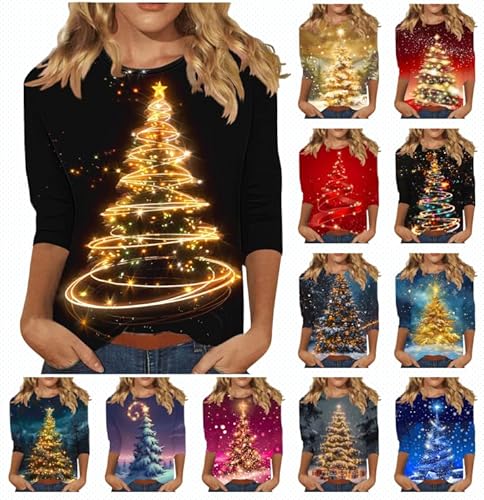 Weihnachtspullover Damen 3/4 Arm Weihnachtsshirt Glitzer Weihnachtsbaum Druck Oberteile Weihnachten T Shirt Bluse Xmas Langarmshirt Festliche Pullover Rundhals Weihnachtspulli Teenager Mädchen von Dyhxuan