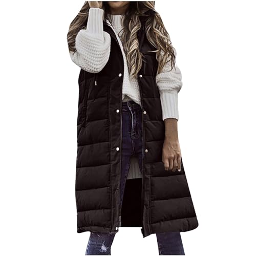 Weste Damen Lang Steppweste Winter Daunenweste Übergangsweste Winterjacke Longweste Winterweste Leichte Warm Gesteppt Casual Reißverschluss Pufferjacke mit Kapuze Daunenmantel Übergangsjacke von Dyhxuan