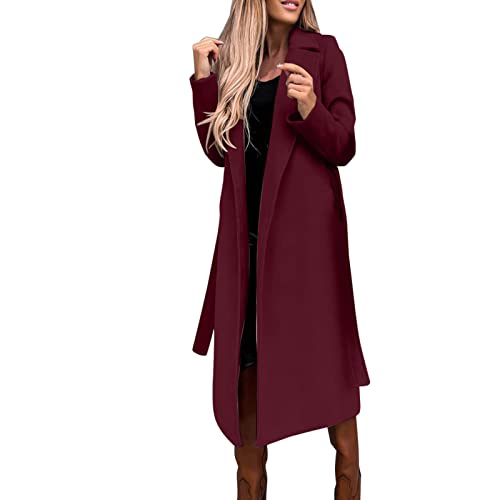 Winterjacke Damen Elegant Wollmantel Übergangsjacke Trenchcoat Lange Wintermantel Umlegekragen Overcoat Wolljacke Steppjacke Einfarbig Pea Coat Windjacke Cardigan Winddichter Mantel mit Gürtel von Dyhxuan