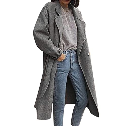 Winterjacke Damen Trenchcoat Damen Lang Trendige Einfarbige Windjacke Wollmantel Langarm Umlegekragen Windbreaker Übergangsjacke Herbst Winter Cardigan Mantel Teenager Mädchen Wolljacke von Dyhxuan