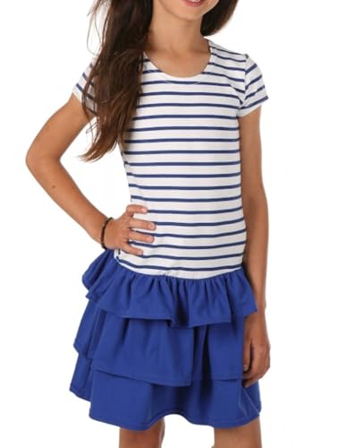 Dykmod Mädchen Kleid Falten Kurzarm Blumen Muster hk272 158 Streifen-Blau von Dykmod