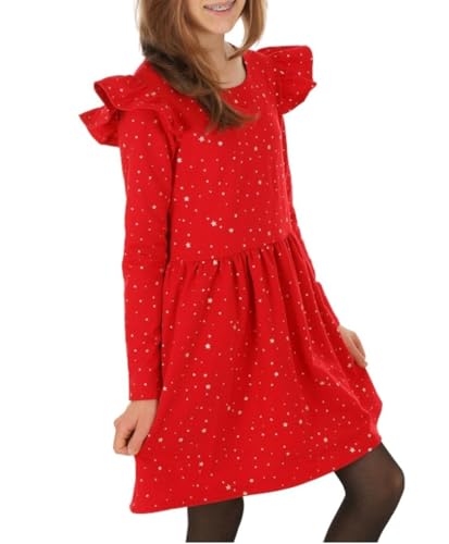 Dykmod Mädchen Kleid mit Falten Langarm hk421 122 Sterne Rot von Dykmod