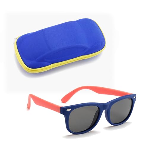 DynamiX Premium Kinder Sonnenbrille mit Etui: Polarisierte UV-Schutzgläser, flexibles Gummi. Stilvolles Set für Mädchen und Jungen. Dunkelblauer Rahmen mit orangefarbenen Beinen von DynamiX