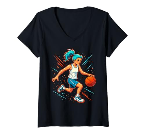 Damen Mädchen Basketballspieler in Bewegung Grafik Kinder Mädchen T-Shirt mit V-Ausschnitt Damen Mädchen Basketballspieler in Bewegung Grafik Kinder Mädchen T-Shirt mit V-Ausschnitt von Dynamic Basketball Girl Sporty Style Activewear