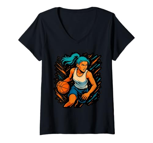 Damen Mädchen Basketballspieler in Bewegung Grafik Kinder Mädchen T-Shirt mit V-Ausschnitt Damen Mädchen Basketballspieler in Bewegung Grafik Kinder Mädchen T-Shirt mit V-Ausschnitt von Dynamic Basketball Girl Sporty Style Activewear
