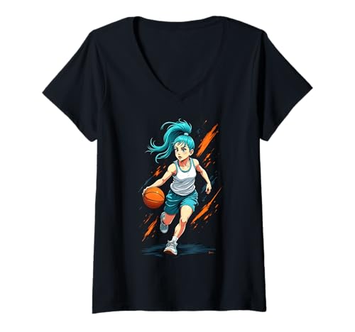 Damen Mädchen Basketballspieler in Bewegung Grafik Kinder Mädchen T-Shirt mit V-Ausschnitt von Dynamic Basketball Girl Sporty Style Activewear
