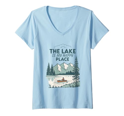 Damen The Lake is My Happy Place Kanufahren Natur Design T-Shirt mit V-Ausschnitt von Dynamic Motion