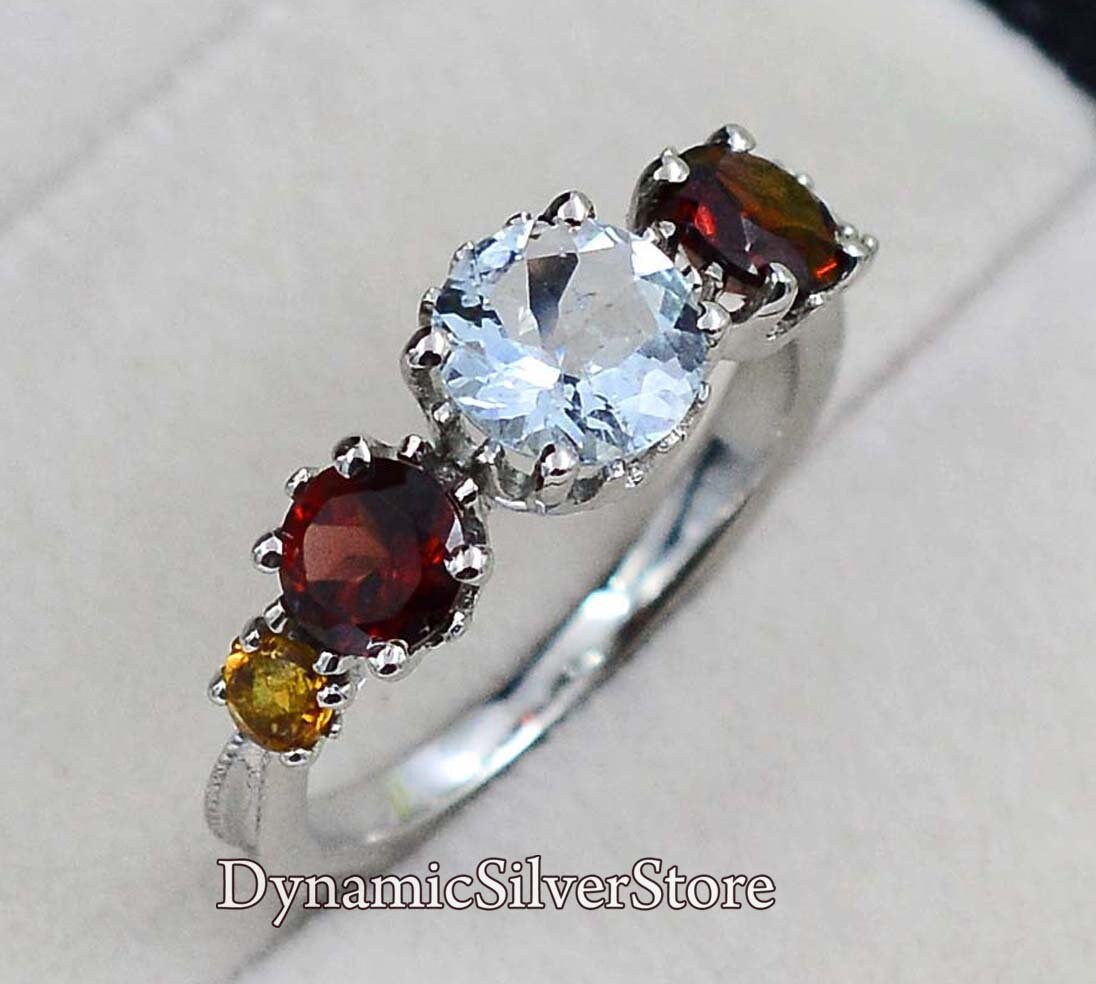 925 Sterling Silber Natürlicher Aquamarin Granat & Citrin Ring Hochzeitsschmuck Multi Edelstein Cluster Für Freundin Geschenk von DynamicSilverStore