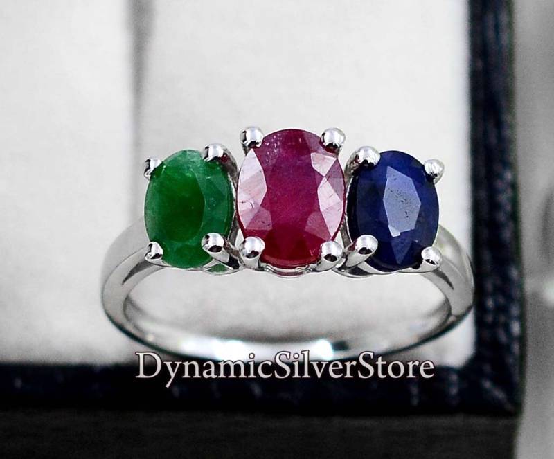 925 Sterling Silber Ring, Natürlicher Rubin Smaragd Und Saphir Edelstein Brautring von DynamicSilverStore