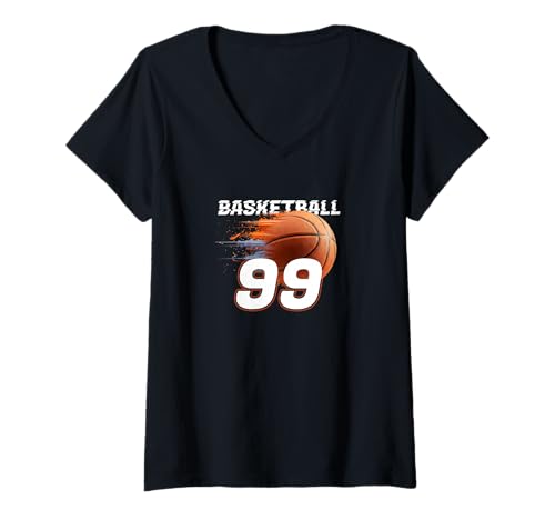 Damen Basketball Nummer 99 Dynamische Spritzer Grafik T-Shirt mit V-Ausschnitt von Dynamische 99 Korbjäger Styles
