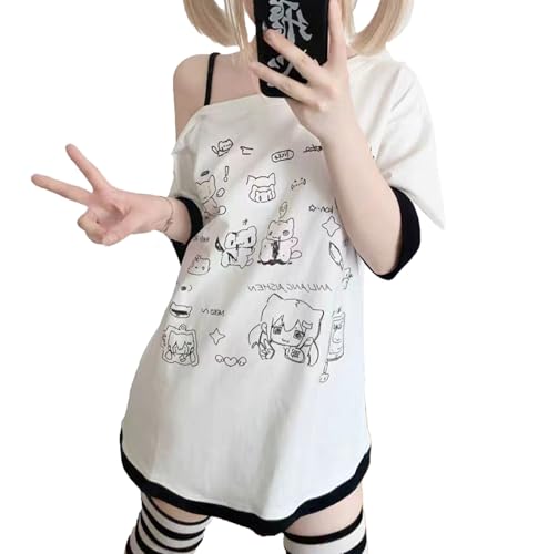 Y2k Kawaii-Shirts für Damen, Cartoon-Grafik-T-Shirts, schulterfrei, Cutecore-Hemden, Harajuku-Mode, Gothic-Tops, Weiss/opulenter Garten, X-Groß Y2k Kawaii-Shirts für Damen, Cartoon-Grafik-T-Shirts, schulterfrei, Cutecore-Hemden, Harajuku-Mode, Gothic-Tops, Weiss/opulenter Garten, X-Groß von Dynict