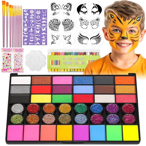 Dynozim Face Painting Kit for Kids with Stencils, 42 Colors Non Toxic Face Paint with 16 Face Paint Crayons, 6 Reusable Face Painting Stencils, 40 Sticky Stencils for Kids Party and Halloween von Dynozim