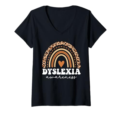 Damen Bewusstseinsunterstützung für Leoparden-Regenbogen-Legasthenie T-Shirt mit V-Ausschnitt von Dyslexia Awareness Month Designs