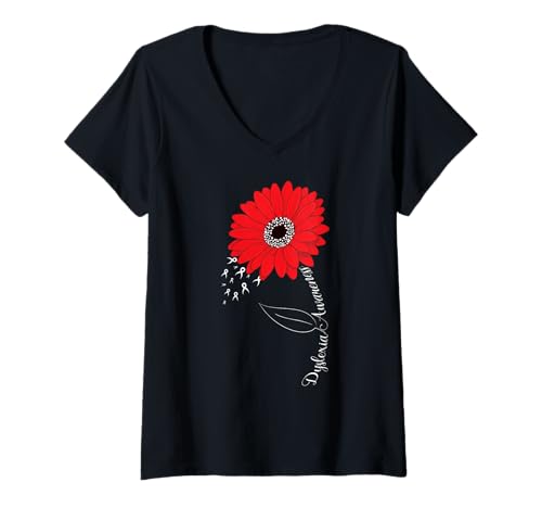 Damen Legasthenie Bewusstsein Red Sunflower Support Legasthenie T-Shirt mit V-Ausschnitt von Dyslexia Awareness Month Red In October Dyslexic