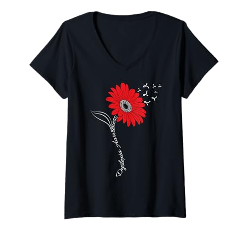Damen Legasthenie Bewusstsein Sonnenblume Rot Unterstützung Legasthenie T-Shirt mit V-Ausschnitt von Dyslexia Awareness Month Red In October Dyslexic