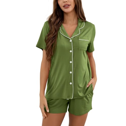 Dysmyracle Damen Pyjama Set Knopfleiste V-Ausschnitt Schlafanzug Weiche Kurze Nachtwäsche S-XXL von Dysmyracle