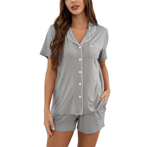 Dysmyracle Damen Pyjama Set Knopfleiste V-Ausschnitt Schlafanzug Weiche Kurze Nachtwäsche S-XXL von Dysmyracle