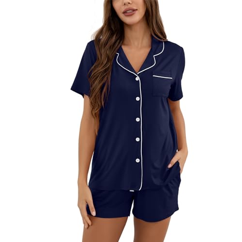 Dysmyracle Damen Pyjama Set Knopfleiste V-Ausschnitt Schlafanzug Weiche Kurze Nachtwäsche S-XXL von Dysmyracle