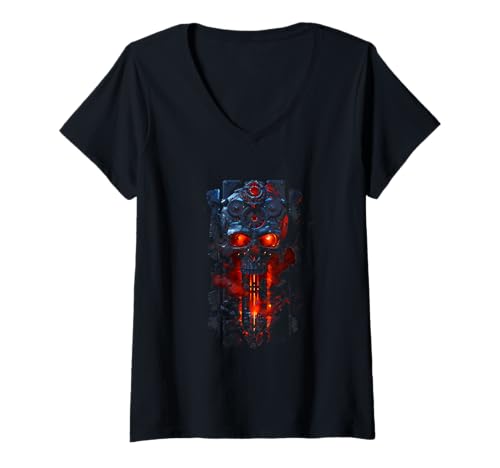 Damen Steampunk Schädel mit geschmolzene Mechanik aus Hölle 666 T-Shirt mit V-Ausschnitt von Dystopische Flammen Skelett Totenschädel Cyberpunk