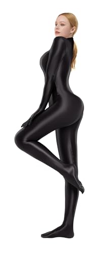 E EASILK Shiny FullBody Catsuit, High Neck Back Zipper Footed Jumpsuit for Women, Schwarz, X-Large von E EASILK