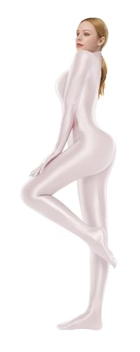 E EASILK Shiny FullBody Catsuit, High Neck Back Zipper Footed Jumpsuit for Women, Weiss/opulenter Garten, X-Large von E EASILK