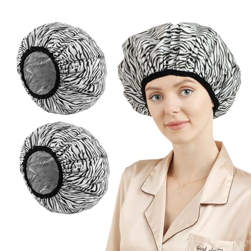 2 Pack Deep Conditioning Hair Cap,Hair Cap for Oil Treatment,Duschhaube damen wasserdicht,Haarhaube Färben,Shower Cap and Heat Cap Two Uses (Schwarz-weiß gestreift) von E ENASUE