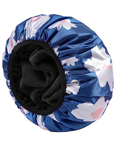 E ENASUE Wiederverwendbare 3-lagige Duschhaube,Extra-große wasserdichte Duschhaube,geeignet für alle Arten von langem Haar,Verstellbare Damen-Duschhaube, ideal für Mädchen (Blau) von E ENASUE