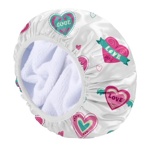 E ENASUE Wiederverwendbare 3-lagige Duschhaube,Extra-große wasserdichte Duschhaube, geeignet für alle Arten von langem Haar,Verstellbare Damen-Duschhaube, ideal für Mädchen (Love on white background) von E ENASUE