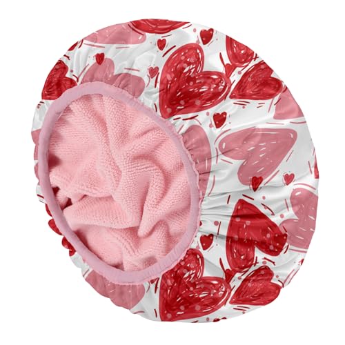 E ENASUE Wiederverwendbare 3-lagige Duschhaube,Extra-große wasserdichte Duschhaube, geeignet für alle Arten von langem Haar,Verstellbare Damen-Duschhaube, ideal für Mädchen (Pink heart) von E ENASUE